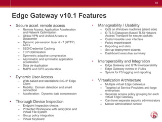 65




    Edge Gateway v10.1 Features
•    Secure accel. remote access                    •   Manageability / Usability
      –   Remote Access, Application Acceleration        –   QoS on Windows machines (client side)
          and Network Optimization                       –   D-TLS (Datagram-Based TLS) Network
      –   Global VPN and Unified Access to                   Access Transport for secure packets
          Datacenter                                     –   Customizeable user interface
      –   Dynamic per-session layer 4 - 7 (HTTP)         –   Policy import/export
          ACLs                                           –   Reporting and stats
      –   SSO/Credential Caching                         –   Set-up deployment wizards
      –   TCP Optimization                               –   Dashboard executive summary
      –   Symmetric adaptive compression
      –   Asymmetric and symmetric application
          acceleration                              •   Interoperability and Integration
      –   Data de-duplication                            –   Edge Gateway and GTM interoperability
      –   MAPS and CIFS acceleration                     –   Edge Gateway events in iRules
                                                         –   Splunk for F5 logging and reporting
•    Dynamic User Access
      –   Web-based and standalone BIG-IP Edge      •   Virtualization Architecture
          Client                                         –   Multiple virtual Edge Gateways
      –   Mobility: Domain detection and smart           –   Targeted at Service Providers and large
          connection                                         enterprises
      –   Acceleration: Dynamic data compression         –   Separate access policy grouping for each
                                                             virtual Edge Gateway
•    Thorough Device Inspection                          –   Can have separate security administrators
                                                         –   Master administrator control
      –   Endpoint Inspection checks
      –   Protected Workspace with encryption and
          Virtual File System
      –   Group policy integration
      –   Virtual Keyboard
 