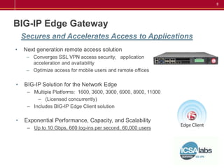 8




BIG-IP Edge Gateway
    Secures and Accelerates Access to Applications
•   Next generation remote access solution
     – Converges SSL VPN access security, application
       acceleration and availability
     – Optimize access for mobile users and remote offices

•   BIG-IP Solution for the Network Edge
     – Multiple Platforms: 1600, 3600, 3900, 6900, 8900, 11000
         – (Licensed concurrently)
     – Includes BIG-IP Edge Client solution

•   Exponential Performance, Capacity, and Scalability
     – Up to 10 Gbps, 600 log-ins per second, 60,000 users
 