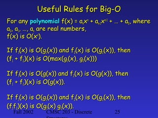 Useful Rules for Big-O
For any polynomial f(x) = anxn + an-1xn-1 + … + a0, where
a0, a1, …, an are real numbers,
f(x) is O(xn).
If f1(x) is O(g1(x)) and f2(x) is O(g2(x)), then
(f1 + f2)(x) is O(max(g1(x), g2(x)))
If f1(x) is O(g(x)) and f2(x) is O(g(x)), then
(f1 + f2)(x) is O(g(x)).
If f1(x) is O(g1(x)) and f2(x) is O(g2(x)), then
(f1f2)(x) is O(g1(x) g2(x)).
Fall 2002

CMSC 203 - Discrete

25

 