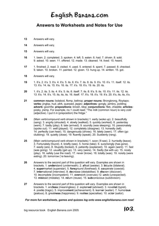 English Banana.com
Answers to Worksheets and Notes for Use
For more fun worksheets, games and quizzes log onto www.englishbanana.com now!
big resource book English Banana.com 2005 103.
13 Answers will vary.
14 Answers will vary.
15 Answers will vary.
16 1. been. 2. completed. 3. spoken. 4. left. 5. eaten. 6. had. 7. driven. 8. sold.
9. asked. 10. seen. 11. offered. 12. made. 13. cleaned. 14. lived. 15. heard.
17 1. finished. 2. read. 3. visited. 4. used. 5. entered. 6. spent. 7. passed. 8. checked.
9. taken. 10. broken. 11. painted. 12. given. 13. hung up. 14. written. 15. got.
18 Answers will vary.
19 1. It’s. 2. it’s. 3. It’s. 4. It’s. 5. its. 6. It’s. 7. its. 8. its. 9. It’s. 10. it’s. 11. itself. 12. its.
13. It’s. 14. its. 15. It’s. 16. its. 17. it’s. 18. It’s. 19. its. 20. its.
20 1. it’s. 2. its. 3. its. 4. It’s. 5. its. 6. itself. 7. its. 8. It’s. 9. its. 10. It’s. 11. its. 12. its.
13. It’s. 14. It’s. 15. its, its, its. 16. itself. 17. It’s. 18. it’s. 19. It’s. 20. It’s, its, its, it’s.
21 common nouns: bolabod, flomp, belinop; proper nouns: Brongbrong, Roytapo;
verbs: jinglop, hud, plirk, querped, jepjev; adjectives: gongly, jambry, jockling;
adverb: goomfie; prepositions: briosh, blop; conjunctions: fleb, cheeble; articles:
posky, jremp. For example, no.1 could read: “The milk (common noun) is very cold
(adjective). I put it in (preposition) the fridge.”
24 (Main verb/compound verb shown in brackets) 1. early (woke up). 2. beautifully
(sang). 3. angrily (shouted). 4. slowly (walked). 5. quickly (worked). 6. yesterday
(went). 7. badly (play). 8. late (arrived). 9. soundly (was sleeping). 10. passionately
(spoke out). 11. well (played). 12. completely (disagree). 13. honestly (tell).
14. perfectly (can hear). 15. dangerously (drives). 16. lately (seen). 17. often (go
clubbing). 18. quietly (close). 19. fluently (speak). 20. Suddenly (rang).
25 (Main verb/compound verb shown in brackets) 1. soon (’ll see). 2. hurriedly (leave).
3. Fortunately (found). 4. briefly (see). 5. home (take). 6. surprisingly (has gone).
7. easily (are). 8. Stupidly (locked). 9. patiently (explained). 10. again (went). 11. fast
(was going). 12. usually (get up). 13. very (were). 14. Sadly (be with us). 15. nicely
(play). 16. safely (use the road). 17. never (know). 18. totally (was). 19. noisily (were
eating). 20. tomorrow (’re leaving).
26 Answers to the second part of this question will vary. Examples are shown in
brackets. 1. understand (underneath). 2. afloat (awake). 3. bicycle (bilateral).
4. supermarket (superstar). 5. foreground (forehead). 6. cooperate (coexist).
7. international (interview). 8. decrease (destabilise). 9. disown (discover).
10. incomplete (incompetent). 11. overwork (overuse).12. undo (unexpected).
13. mislead (mistake). 14. return (reuse). 15. subconscious (subdivision).
27 Answers to the second part of this question will vary. Examples are shown in
brackets. 1. endless (meaningless). 2. explained (advised). 3. novelist (typist).
4. poetic (tragic). 5. improvement (achievement). 6. learner (waiter). 7. humorous
(jealous). 8. greatness (happiness). 9. realise (specialise). 10. actor (sailor).
 
