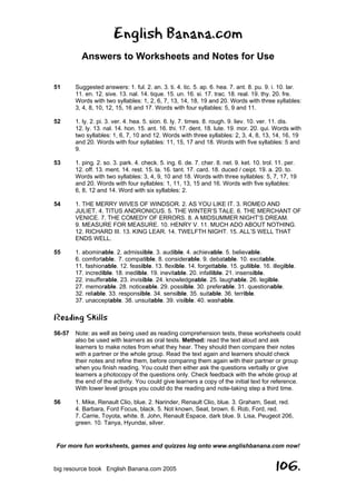 English Banana.com
Answers to Worksheets and Notes for Use
For more fun worksheets, games and quizzes log onto www.englishbanana.com now!
big resource book English Banana.com 2005 106.
51 Suggested answers: 1. ful. 2. an. 3. ti. 4. tic. 5. ap. 6. hea. 7. ant. 8. pu. 9. i. 10. lar.
11. en. 12. sive. 13. nal. 14. tique. 15. un. 16. si. 17. trac. 18. real. 19. thy. 20. fre.
Words with two syllables: 1, 2, 6, 7, 13, 14, 18, 19 and 20. Words with three syllables:
3, 4, 8, 10, 12, 15, 16 and 17. Words with four syllables: 5, 9 and 11.
52 1. ly. 2. pi. 3. ver. 4. hea. 5. sion. 6. ly. 7. times. 8. rough. 9. liev. 10. ver. 11. dis.
12. ly. 13. nal. 14. hon. 15. ant. 16. thi. 17. dent. 18. lute. 19. mor. 20. qui. Words with
two syllables: 1, 6, 7, 10 and 12. Words with three syllables: 2, 3, 4, 8, 13, 14, 16, 19
and 20. Words with four syllables: 11, 15, 17 and 18. Words with five syllables: 5 and
9.
53 1. ping. 2. so. 3. park. 4. check. 5. ing. 6. de. 7. cher. 8. net. 9. ket. 10. trol. 11. per.
12. off. 13. ment. 14. rest. 15. la. 16. tant. 17. card. 18. duced / ceipt. 19. a. 20. to.
Words with two syllables: 3, 4, 9, 10 and 18. Words with three syllables: 5, 7, 17, 19
and 20. Words with four syllables: 1, 11, 13, 15 and 16. Words with five syllables:
6, 8, 12 and 14. Word with six syllables: 2.
54 1. THE MERRY WIVES OF WINDSOR. 2. AS YOU LIKE IT. 3. ROMEO AND
JULIET. 4. TITUS ANDRONICUS. 5. THE WINTER’S TALE. 6. THE MERCHANT OF
VENICE. 7. THE COMEDY OF ERRORS. 8. A MIDSUMMER NIGHT’S DREAM.
9. MEASURE FOR MEASURE. 10. HENRY V. 11. MUCH ADO ABOUT NOTHING.
12. RICHARD III. 13. KING LEAR. 14. TWELFTH NIGHT. 15. ALL’S WELL THAT
ENDS WELL.
55 1. abominable. 2. admissible. 3. audible. 4. achievable. 5. believable.
6. comfortable. 7. compatible. 8. considerable. 9. debatable. 10. excitable.
11. fashionable. 12. feasible. 13. flexible. 14. forgettable. 15. gullible. 16. illegible.
17. incredible. 18. inedible. 19. inevitable. 20. infallible. 21. insensible.
22. insufferable. 23. invisible. 24. knowledgeable. 25. laughable. 26. legible.
27. memorable. 28. noticeable. 29. possible. 30. preferable. 31. questionable.
32. reliable. 33. responsible. 34. sensible. 35. suitable. 36. terrible.
37. unacceptable. 38. unsuitable. 39. visible. 40. washable.
Reading Skills
56-57 Note: as well as being used as reading comprehension tests, these worksheets could
also be used with learners as oral tests. Method: read the text aloud and ask
learners to make notes from what they hear. They should then compare their notes
with a partner or the whole group. Read the text again and learners should check
their notes and refine them, before comparing them again with their partner or group
when you finish reading. You could then either ask the questions verbally or give
learners a photocopy of the questions only. Check feedback with the whole group at
the end of the activity. You could give learners a copy of the initial text for reference.
With lower level groups you could do the reading and note-taking step a third time.
56 1. Mike, Renault Clio, blue. 2. Narinder, Renault Clio, blue. 3. Graham, Seat, red.
4. Barbara, Ford Focus, black. 5. Not known, Seat, brown. 6. Rob, Ford, red.
7. Carrie, Toyota, white. 8. John, Renault Espace, dark blue. 9. Lisa, Peugeot 206,
green. 10. Tanya, Hyundai, silver.
 