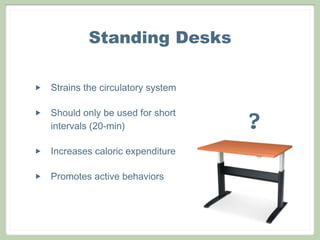 Standing Desks

‣   Strains the circulatory system

‣   Should only be used for short
    intervals (20-min)               ?
‣   Increases caloric expenditure

‣   Promotes active behaviors
 