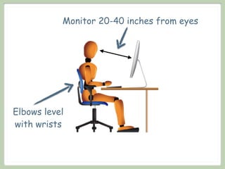 Monitor 20-40 inches from eyes




Elbows level
with wrists
 