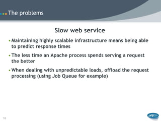 The problems


                         Slow web service
     • Maintaining highly scalable infrastructure means being able
       to predict response times
     • The less time an Apache process spends serving a request
       the better
     • When dealing with unpredictable loads, offload the request
       processing (using Job Queue for example)




10
 