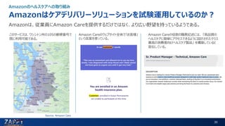 30
Amazonのヘルスケアへの取り組み
Source: Amazon Care
Amazonはケアデリバリーソリューションを試験運用しているのか？
Amazonは、従業員にAmazon Careを提供するだけではなく、より広い野望を持っているようである。
このサービスは、ワシントン州の105の郵便番号で
既に利用可能である。
Amazon Careのウェブサイト全体で「お客様」
という言葉を使っている。
Amazon Careの役割の職務記述には、 「高品質の
ヘルスケアに簡単にアクセスできるように設計されたクラス
最高の消費者向けヘルスケア製品」 を構築していると
宣伝している。Takayuki Yamazaki
ZAPPY Business Strategy
 