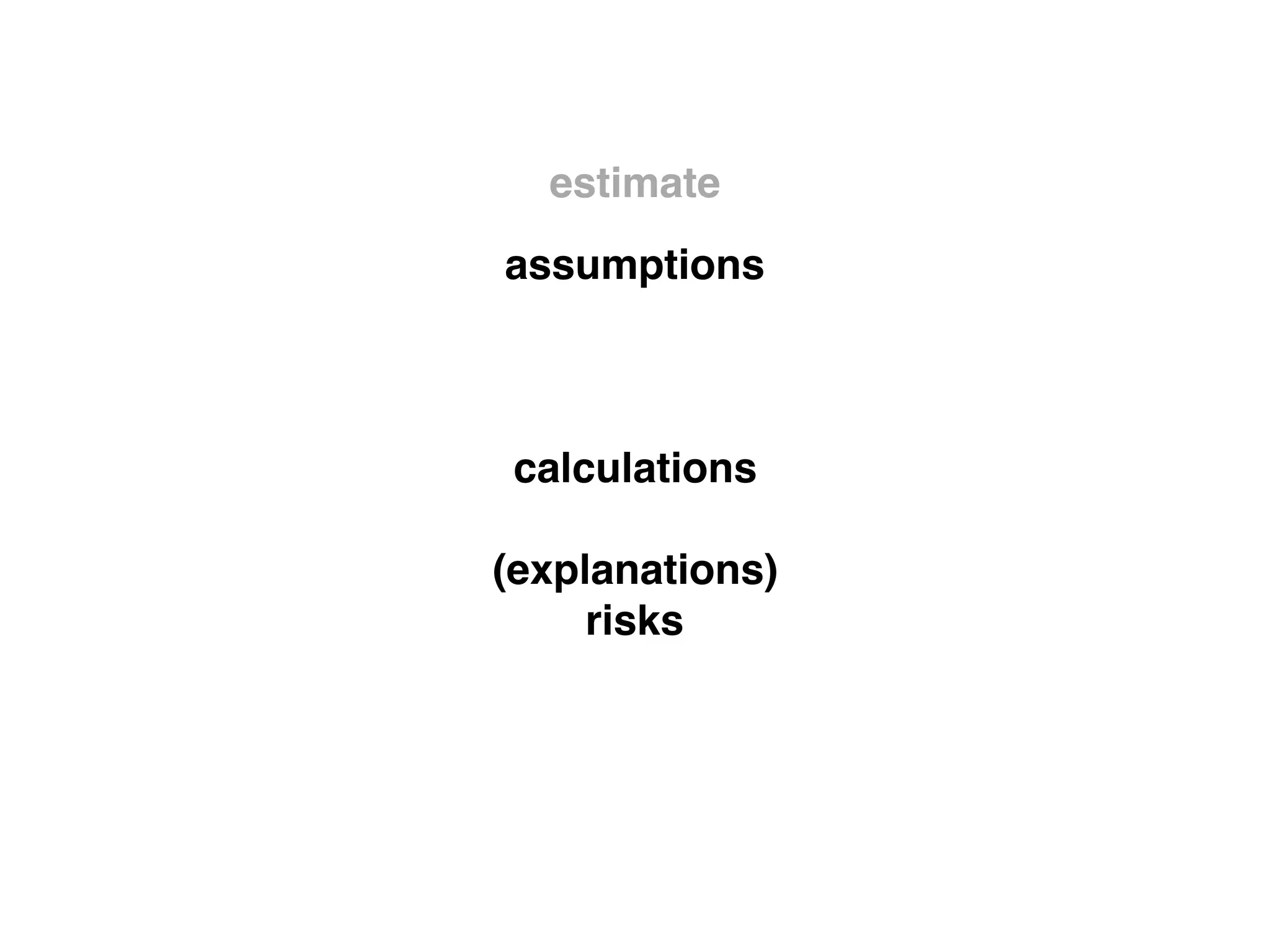 estimate
assumptions
calculations
(explanations)
risks
 