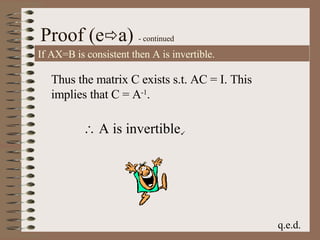 Proof (e  a)  - continued Thus the matrix C exists s.t. AC = I. This implies that C = A -1 .    A is invertible  If AX=B is consistent then A is invertible. q.e.d. 