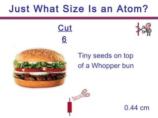 Cut
6
Just What Size Is an Atom?
0.44 cm
Tiny seeds on top
of a Whopper bun
 
