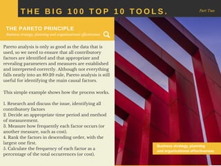 Pareto analysis is only as good as the data that is
used, so we need to ensure that all contributory
factors are identified and that appropriate and
revealing parameters and measures are established
and interpreted correctly. Although not everything
falls neatly into an 80:20 rule, Pareto analysis is still
useful for identifying the main causal factors.
T H E B I G 1 0 0 T O P 1 0 T O O L S . Part Two
THE PARETO PRINCIPLE
Business strategy, planning and organizational effectiveness
Business strategy, planning
and organizational effectiveness
This simple example shows how the process works.
1. Research and discuss the issue, identifying all
contributory factors
2. Decide an appropriate time period and method
of measurement.
3. Measure how frequently each factor occurs (or
another measure, such as cost).
4. Rank the factors in descending order, with the
largest one first.
5. Calculate the frequency of each factor as a
percentage of the total occurrences (or cost).
 