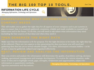 INFORMATION LIFE CYCLE
Make sure that the information is fit for purpose. For the right decisions to be made, the right data has
to be collected. There are two aspects to this: generating the data you know you will need and
gathering data that has yet to reveal valuable insight. Too often, information remains hidden – to be
of use, it must be gathered, collated and organised effectively.
T H E B I G 1 0 0 T O P 1 0 T O O L S . Part Two
T H E N G E N E R A T E T H E R I G H T D A T A
Managing Information, Technology and Operations
Managing Information, Technology and Operations
This will enable you to gather the right data for all aspects of your company and to put systems in
place to ensure that it is routinely gathered, consistent, reliable and made available to yourself and
others now and in the future. To do this, you will need to ask others what information they need
(including the best sources of that data) and when they need it.
U N D E R S T A N D I N G W H A T I N F O R M A T I O N Y O U R
C O M P A N Y N E E D S
N E X T , R E V I E W A N D A N A L Y S E T H E I N F O R M A T I O N
How you review and analyse the information will determine the quality of problem-solving, decision-
making, operational management and strategic development. To review the current situation, make
sense of data and to highlight trends, gaps, strengths, weaknesses and opportunities, subject the
information to quantitative methods,
rigorous assessment and discussions.
 