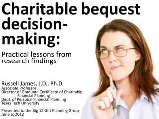 Charitable bequest
decision-
making:
Practical lessons from
research findings

Russell James, J.D., Ph.D.
Associate Professor
Director of Graduate Certificate of Charitable
         Financial Planning
Dept. of Personal Financial Planning
Texas Tech University
Presented to the Big 12 Gift Planning Group
June 6, 2012
 