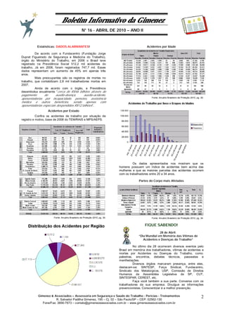 Boletim Informativo da Gimenez
N° 16 - ABRIL DE 2010 – ANO II
Gimenez & Associados – Assessoria em Segurança e Saúde do Trabalho - Perícias - Treinamentos
R. Salvador Padilha Gimenez, 195 – Cj. 02 – São Paulo/SP – CEP: 02562-130
Fone/Fax: 3856-7673 – contato@gimenezeassociados.com.br – www.gimenezeassociados.com.br
2
B I G
Estatísticas: DADOS ALARMANTES!
De acordo com a Fundacentro (Fundação Jorge
Duprat Figueiredo de Segurança e Medicina do Trabalho),
órgão do Ministério do Trabalho, em 2006 o Brasil teve
registrado na Previdência Social 512,2 mil acidentes do
trabalho. Já em 2008, foram registrados 747,7 mil. Esses
dados representam um aumento de 45% em apenas três
anos.
Mais preocupantes são os registros de mortes no
trabalho, que contabilizam 2,8 mil trabalhadores mortos em
2007.
Ainda de acordo com o órgão, a Previdência
desembolsa anualmente “cerca de R$46 bilhões através do
pagamento do auxílio-doença, auxílio-acidente,
aposentadorias por incapacidade, pensões, assistência
médica e outros benefícios, sendo apenas com
aposentadorias especiais despendidos R$12 bilhões”.
Acidentes por Estado
Confira os acidentes de trabalho por situação de
registro e motivo, base de 2008 do TEM/RAIS e MPS/AEPS.
Fonte: Anuário Brasileiro de Proteção 2010, pg. 30.
Acidentes por Idade
Fonte: Anuário Brasileiro de Proteção 2010, pg. 30.
Os dados apresentados nos mostram que os
homens possuem um índice de acidentes bem acima das
mulheres e que as maiores parcelas dos acidentes ocorrem
com os trabalhadores entre 20 a 34 anos.
Partes do Corpo mais Afetadas
Fonte: Anuário Brasileiro de Proteção 2010, pg. 34.
FIQUE SABENDO!
28 de Abril:
“Dia Mundial em Memória das Vítimas de
Acidentes e Doenças do Trabalho”
No último dia 28 ocorreram diversos eventos pelo
Brasil em memória dos trabalhadores, vítimas de acidentes e
mortes por Acidentes ou Doenças do Trabalho, como:
palestras, encontros, debates técnicos, passeatas e
manifestações.
Diversos órgãos marcaram presença, entre eles,
destacam-se: SINTESP, Força Sindical, Fundacentro,
Sindicato dos Metalúrgicos, USP, Comissão de Direitos
Humanos da Assembléia Legislativa de SP, CUT,
SINTESPAR, CEREST, etc.
Faça você também a sua parte. Converse com os
trabalhadores da sua empresa. Divulgue as informações
prevencionistas. Conscientizar é a melhor prevenção.
 