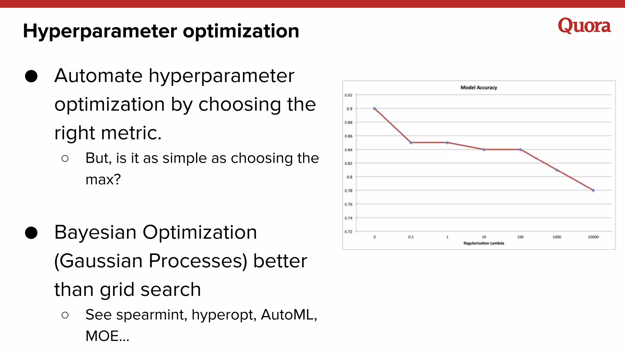 Hyperparameter optimization
● Automate hyperparameter
optimization by choosing the
right metric.
○ But, is it as simple as choosing the
max?
● Bayesian Optimization
(Gaussian Processes) better
than grid search
○ See spearmint, hyperopt, AutoML,
MOE...
 