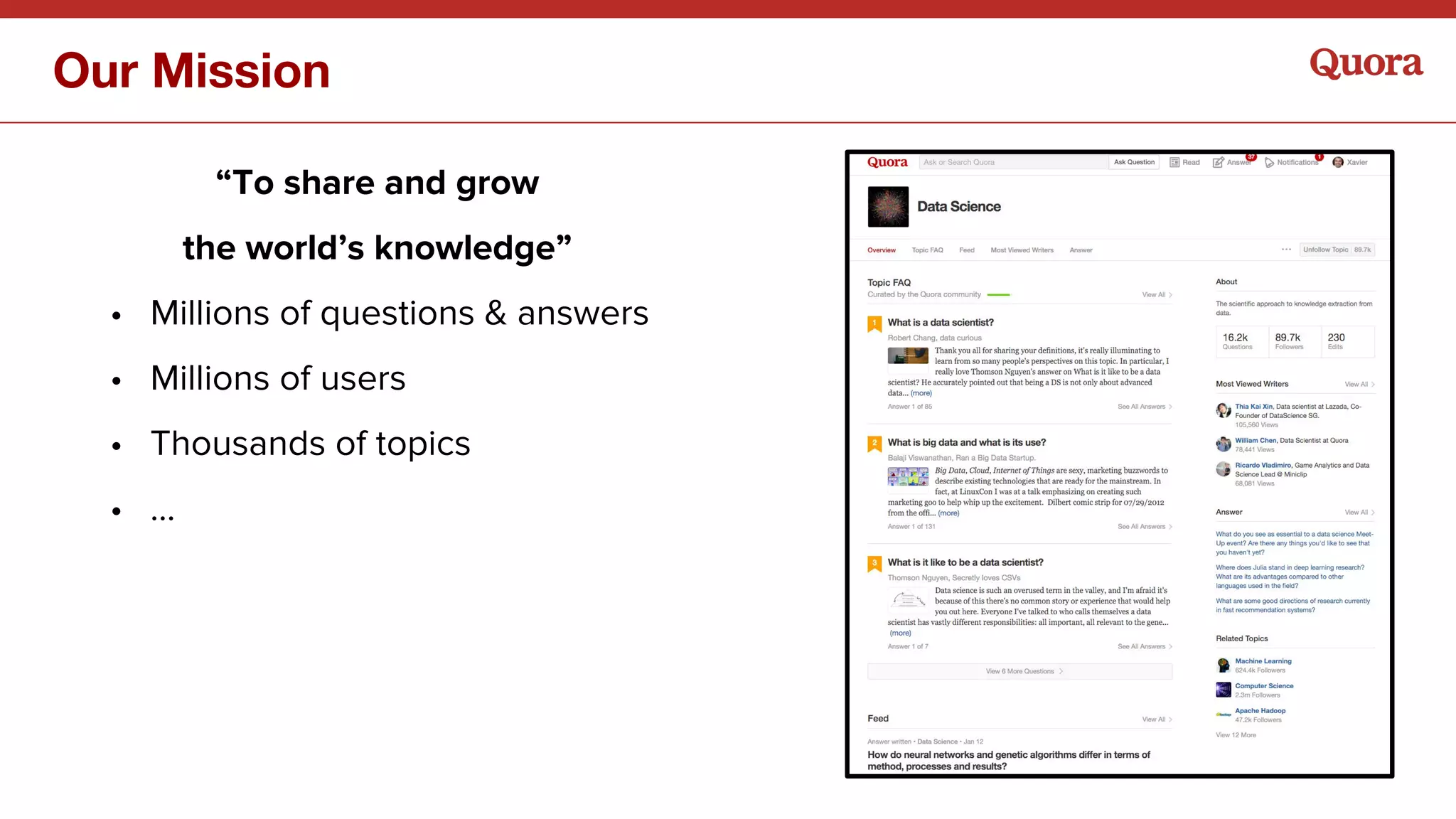 Our Mission
“To share and grow
the world’s knowledge”
• Millions of questions & answers
• Millions of users
• Thousands of topics
• ...
 