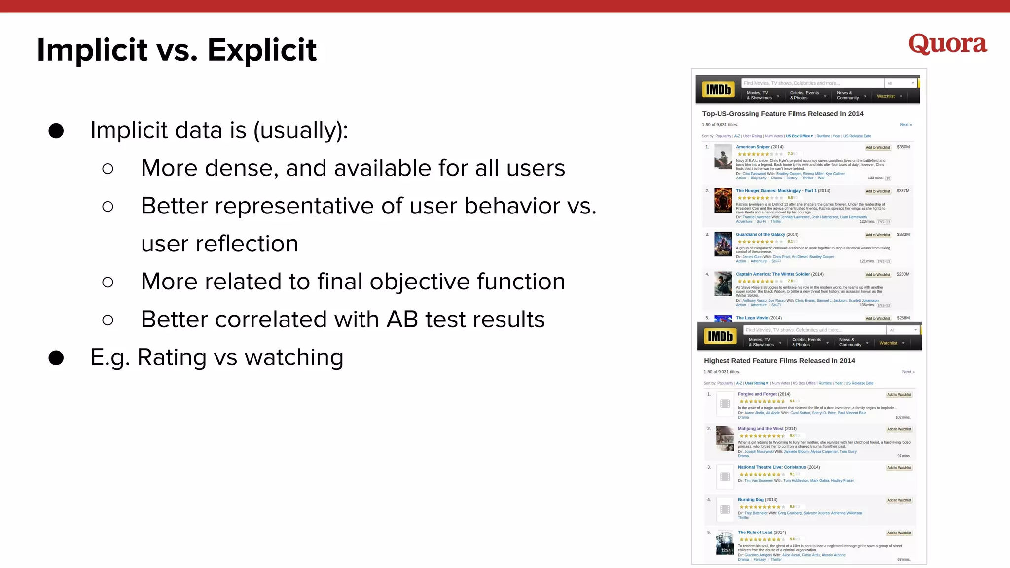 ● Implicit data is (usually):
○ More dense, and available for all users
○ Better representative of user behavior vs.
user reflection
○ More related to final objective function
○ Better correlated with AB test results
● E.g. Rating vs watching
Implicit vs. Explicit
 