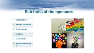 Sub traits of the openness
 Imagination
 Artistic interests
 Emotionality
 Intellect
 Liberalism
 Adventurousnes
s
 