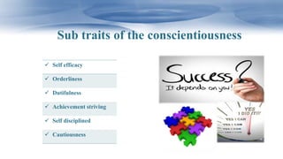 Sub traits of the conscientiousness
 Self efficacy
 Orderliness
 Dutifulness
 Achievement striving
 Self disciplined
 Cautiousness
 