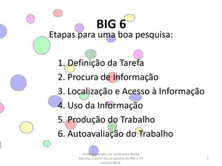 BIG 6Etapas para uma boa pesquisa:			1. Definição da Tarefa			2. Procura de Informação			3. Localização e Acesso à Informação			4. Uso da Informação			5. Produção do Trabalho			6. Autoavaliação do Trabalho3Guião adaptado por professora Vanda Barreto, a partir das propostas da RBE e do modelo BIG6.