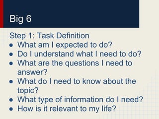 Big 6
Step 1: Task Definition
● What am I expected to do?
● Do I understand what I need to do?
● What are the questions I need to
answer?
● What do I need to know about the
topic?
● What type of information do I need?
● How is it relevant to my life?
 