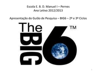 Escola E. B. D. Manuel I – Pernes
Ano Letivo 2012/2013
Apresentação do Guião de Pesquisa – BIG6 – 2º e 3º Ciclos
1
 