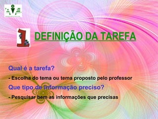 Qual é a tarefa?   - Escolha do tema ou tema proposto pelo professor Que tipo de informação preciso?   - Pesquisar bem as informações que precisas DEFINIÇÃO DA TAREFA 