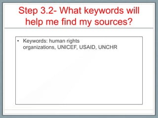 Step 3.2- What keywords will
help me find my sources?
• Keywords: human rights
organizations, UNICEF, USAID, UNCHR
 