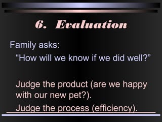 6. Evaluation6. Evaluation
Family asks:
“How will we know if we did well?”
Judge the product (are we happy
with our new pet?).
Judge the process (efficiency).
 