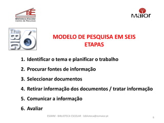 MODELO DE PESQUISA EM SEIS
                          ETAPAS

1. Identificar o tema e planificar o trabalho
2. Procurar fontes de informação
3. Seleccionar documentos
4. Retirar informação dos documentos / tratar informação
5. Comunicar a informação
6. Avaliar
             ESSMM - BIBLIOTECA ESCOLAR - biblioteca@esmaior.pt
                                                                  6
 