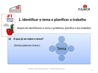 1. Identificar o tema e planificar o trabalho

       Depois de identificares o tema / problema, planifica o teu trabalho:



b) O que já sei sobre o tema?

    (Anota palavras-chave.)
                                                        Tema



                 ESSMM - BIBLIOTECA ESCOLAR - biblioteca@esmaior.pt
                                                                              8
 