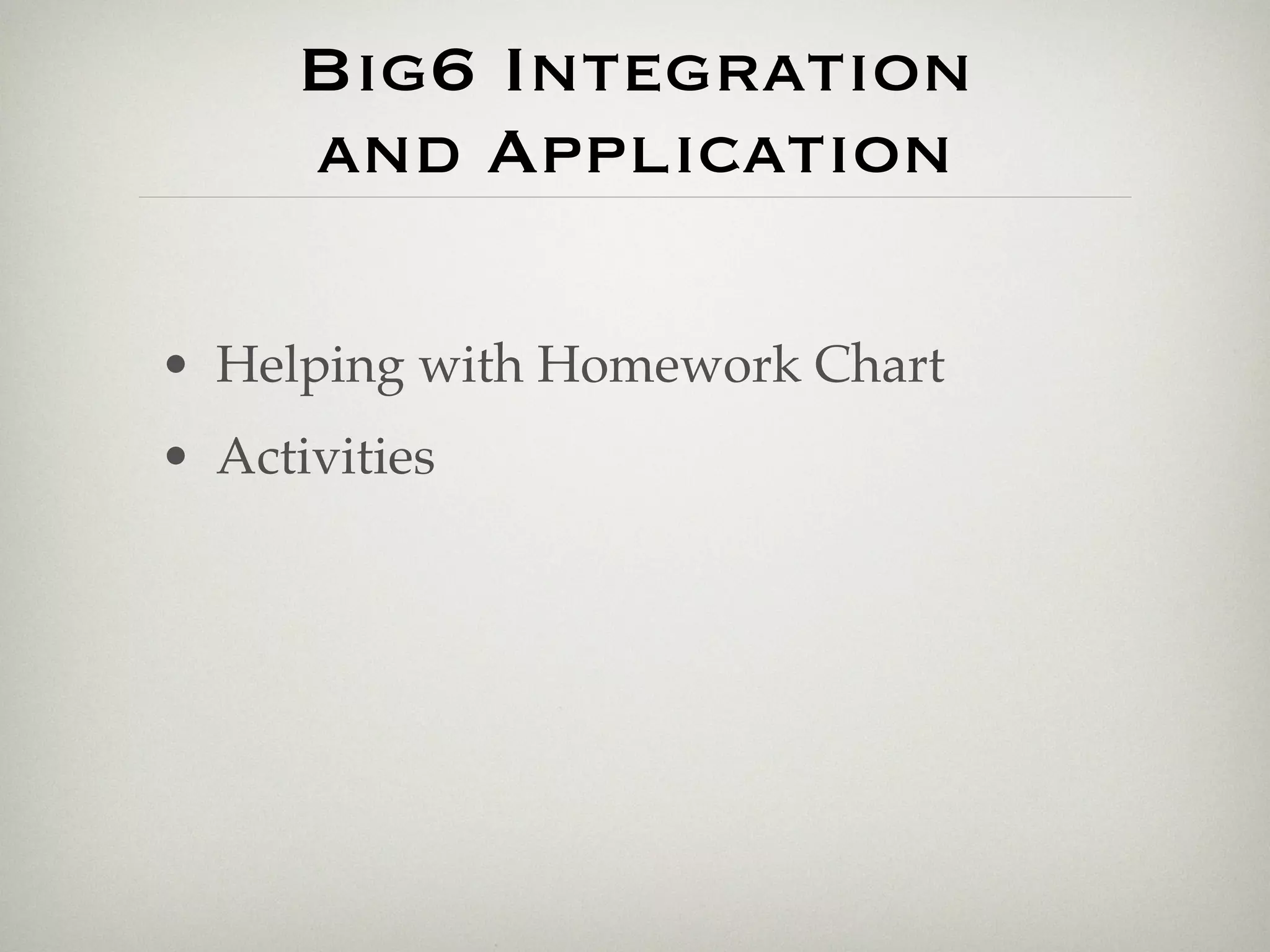 Big6 Integration
     and Application

• Helping with Homework Chart
• Activities
 
