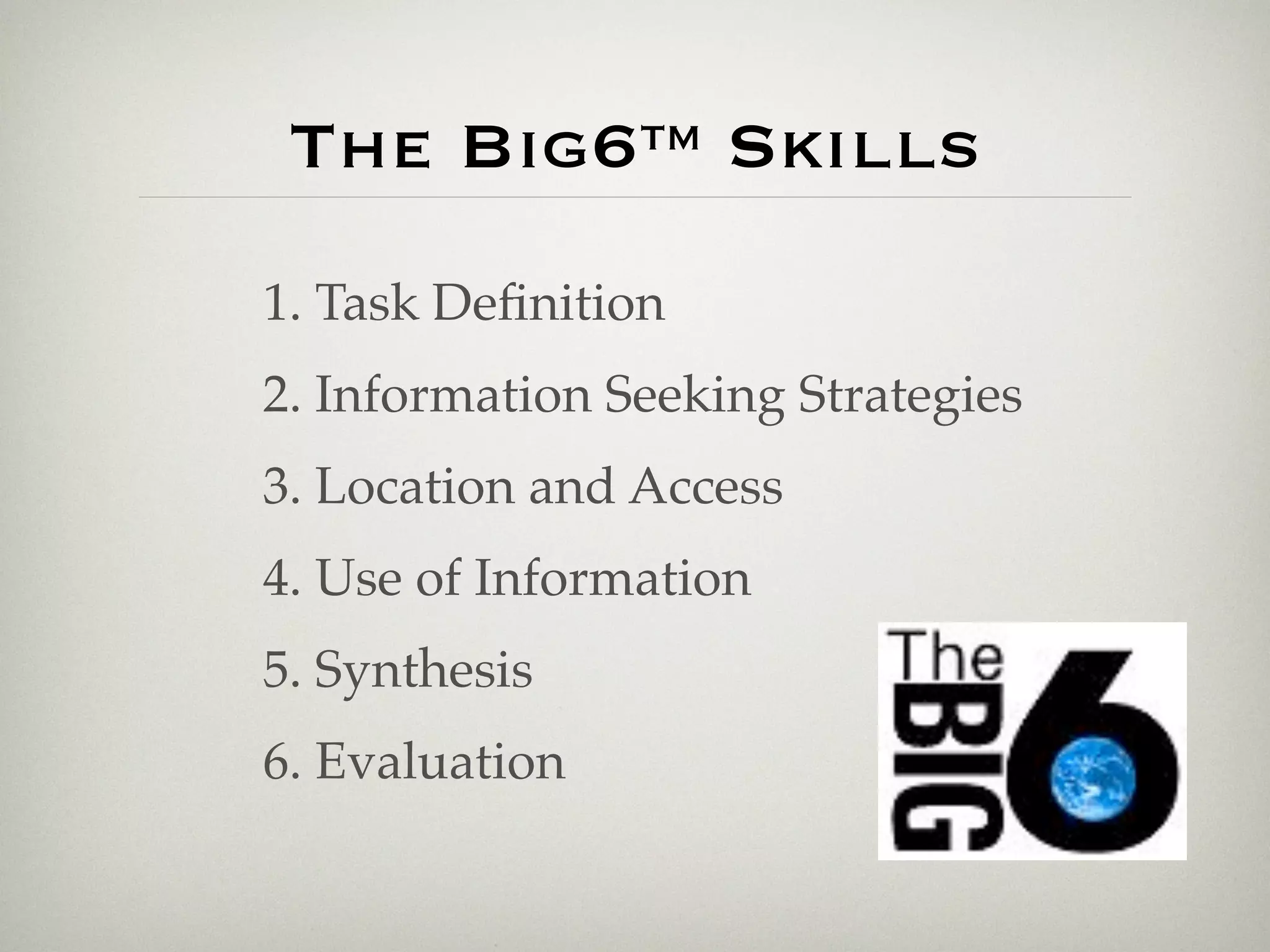 The Big6™ Skills
1. Task Deﬁnition
2. Information Seeking Strategies
3. Location and Access
4. Use of Information
5. Synthesis
6. Evaluation
 