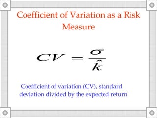 Coefficient of Variation as a Risk Measure Coefficient of variation (CV), standard deviation divided by the expected return 