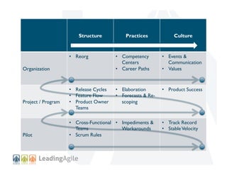 Structure

Practices

Culture

Team

Program

Org

• 
• 
• 

Reorg
• 

• 
• 
• 

• 
• 

Release
Cadence
Feature Flow
Produ...