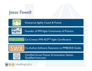 Jesse Fewell
Enterprise Agility Coach & Trainer
Founder of PMI Agile Community of Practice
Co-Creator, PMI-ACP℠ Agile Cert...