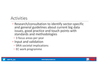 @BYTE_EU www.byte-project.eu
Activities
◦ Research/consultation	to	identify	sector-specific	
and	general	guidelines	about	current	big	data	
issues,	good	practice	and	touch	points	with	
standards	and	methodologies
◦ 3	focus	areas	per	year
◦ Input	and	validation
◦ SRIA	societal	implications
◦ EC	work	programme
 