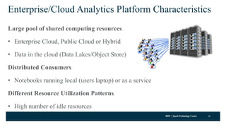 IBM SparkTechnology Center
Enterprise/Cloud Analytics Platform Characteristics
Large pool of shared computing resources
• Enterprise Cloud, Public Cloud or Hybrid
• Data in the cloud (Data Lakes/Object Store)
Distributed Consumers
• Notebooks running local (users laptop) or as a service
Different Resource Utilization Patterns
• High number of idle resources
11
 