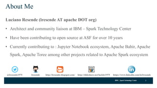 IBM SparkTechnology Center
About Me
Luciano Resende (lresende AT apache DOT org)
• Architect and community liaison at IBM – Spark Technology Center
• Have been contributing to open source at ASF for over 10 years
• Currently contributing to : Jupyter Notebook ecosystem, Apache Bahir, Apache
Spark, Apache Toree among other projects related to Apache Spark ecosystem
2
@lresende1975 http://lresende.blogspot.com/ https://www.linkedin.com/in/lresendehttp://slideshare.net/luckbr1975lresende
 