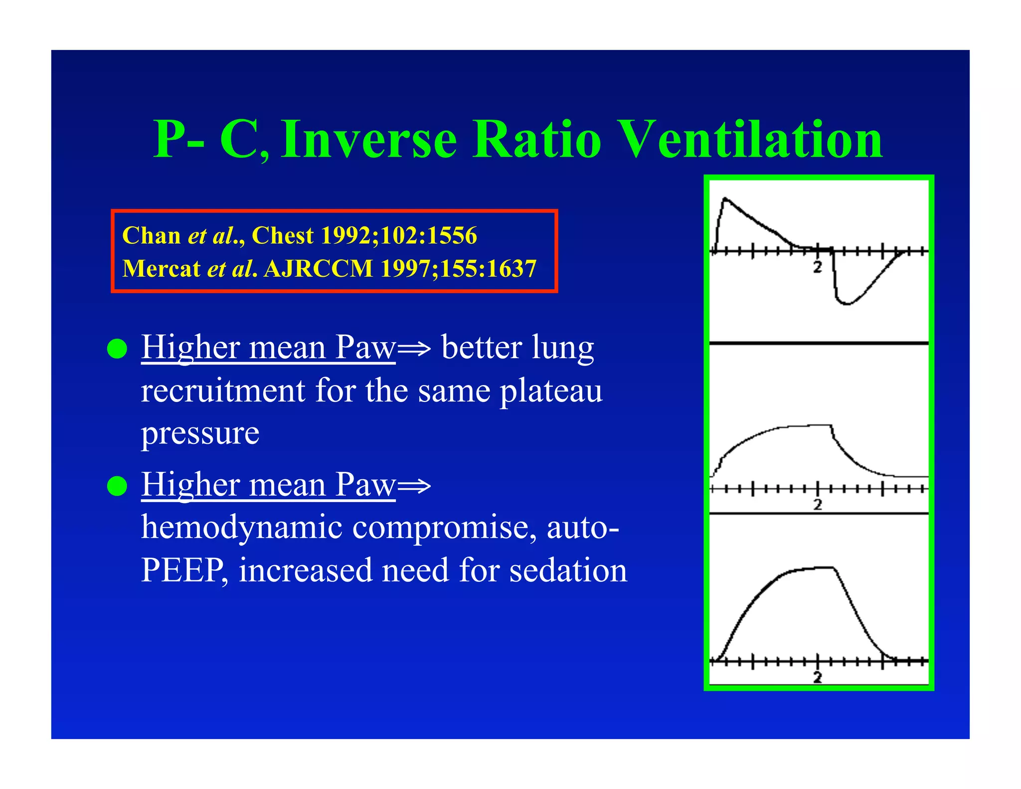 P- C, Inverse Ratio Ventilation
 Chan et al., Chest 1992;102:1556
 Mercat et al. AJRCCM 1997;155:1637


  Higher mean Paw⇒ better lung
   recruitment for the same plateau
   pressure
  Higher mean Paw⇒
   hemodynamic compromise, auto-
   PEEP, increased need for sedation
 