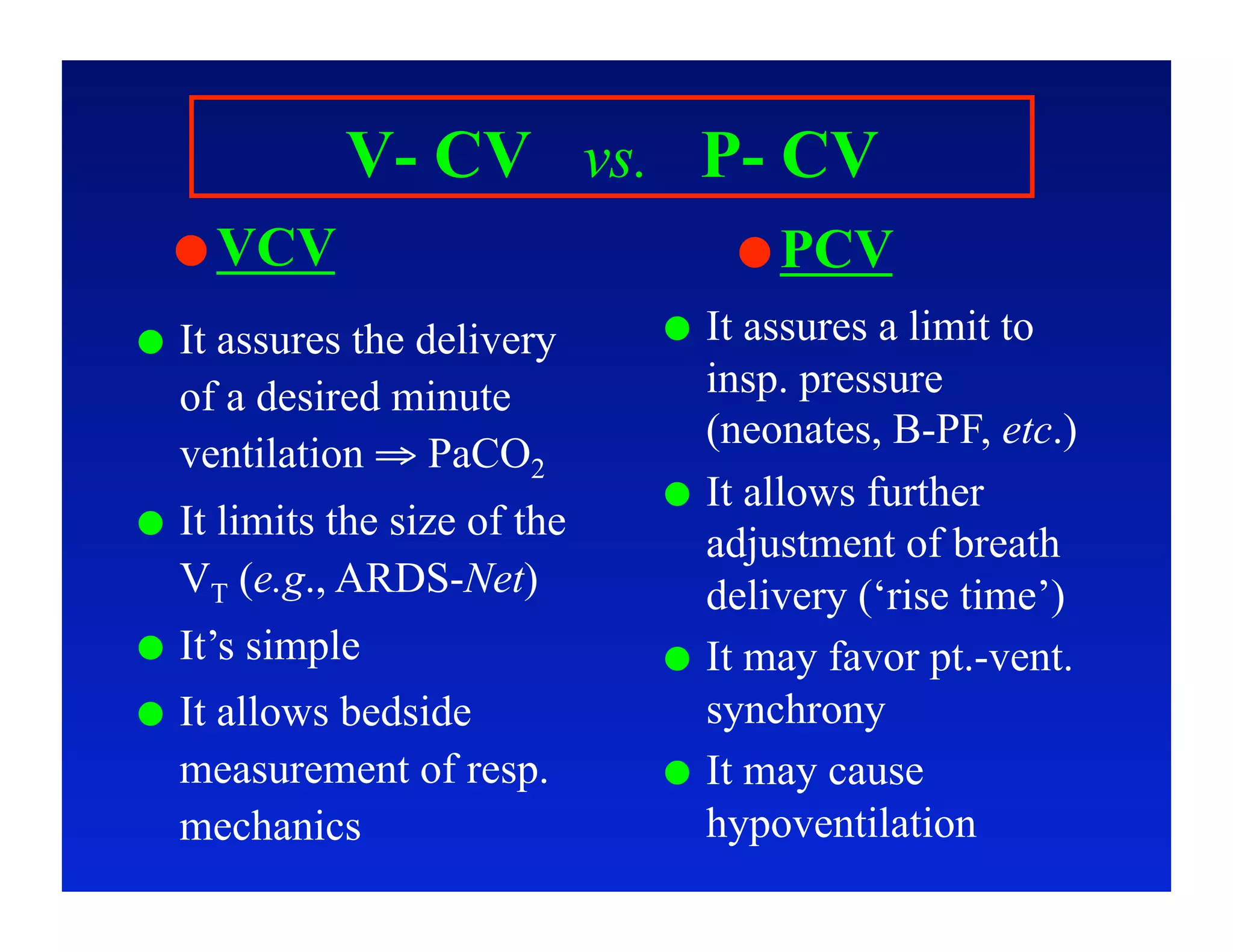 V- CV vs. P- CV
       VCV                             PCV

    It assures the delivery       It assures a limit to
     of a desired minute            insp. pressure
                                    (neonates, B-PF, etc.)
     ventilation ⇒ PaCO2
                                   It allows further
    It limits the size of the
                                    adjustment of breath
     VT (e.g., ARDS-Net)            delivery (‘rise time’)
    It’s simple                   It may favor pt.-vent.
    It allows bedside              synchrony
     measurement of resp.          It may cause
     mechanics                      hypoventilation
 