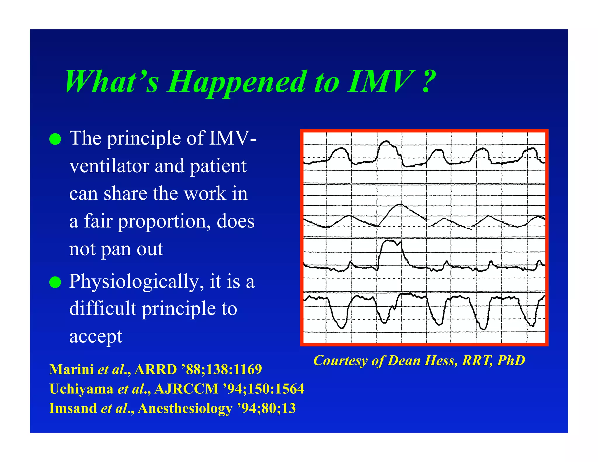 What’s Happened to IMV ?
    The principle of IMV-
     ventilator and patient
     can share the work in
     a fair proportion, does
     not pan out
    Physiologically, it is a
     difficult principle to
     accept
 
