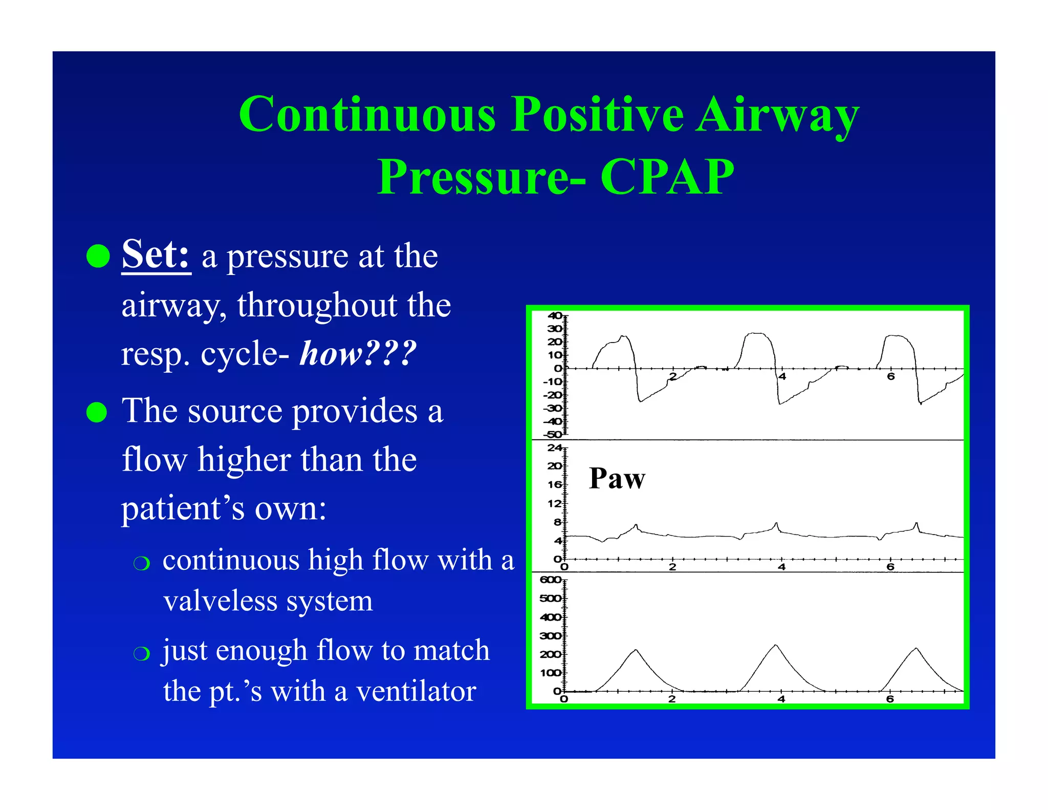Continuous Positive Airway
                     Pressure- CPAP
  Set: a pressure at the
     airway, throughout the
     resp. cycle- how???
    The source provides a
     flow higher than the               Paw
     patient’s own:
         continuous high flow with a
          valveless system
         just enough flow to match
          the pt.’s with a ventilator
 