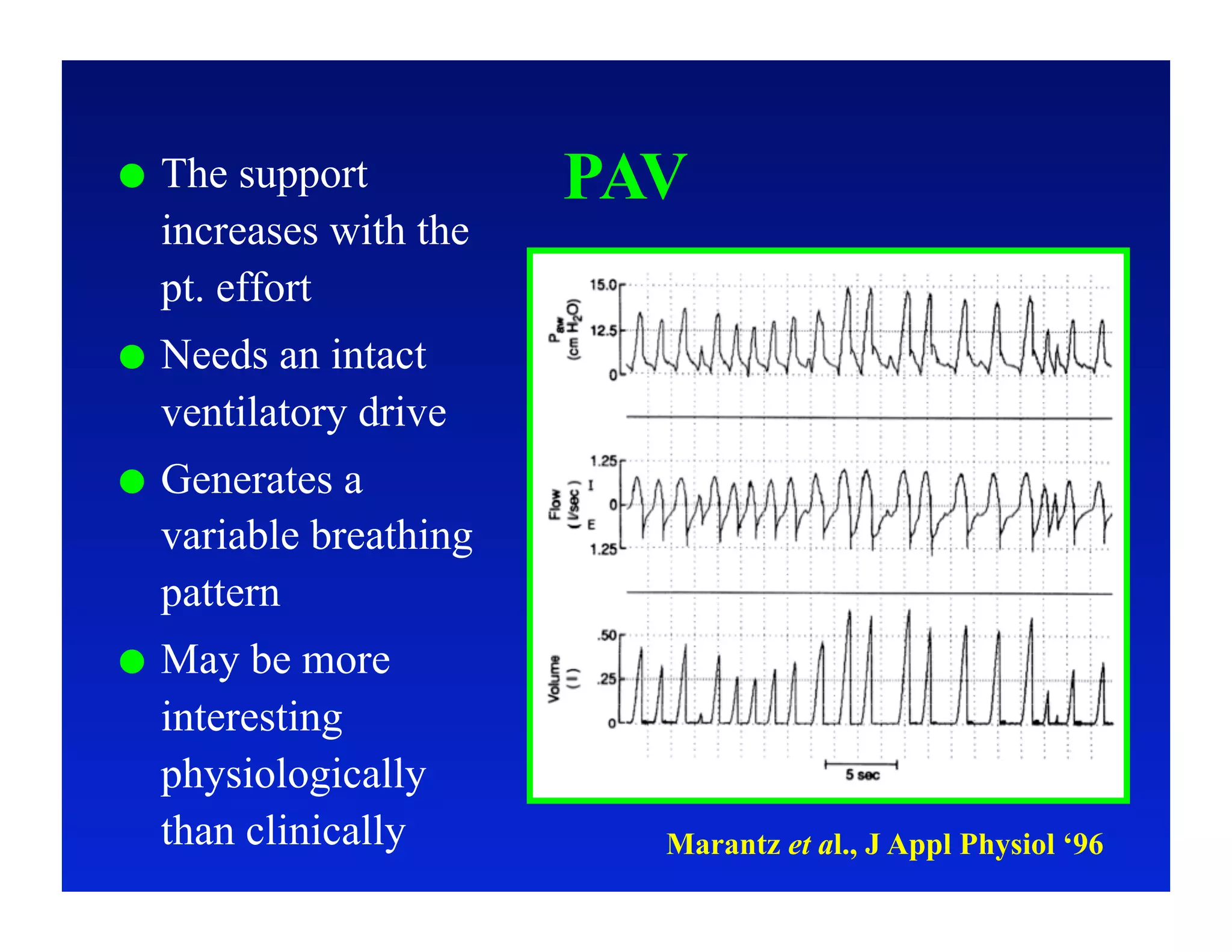     The support          PAV
     increases with the
     pt. effort
    Needs an intact
     ventilatory drive
    Generates a
     variable breathing
     pattern
    May be more
     interesting
     physiologically
     than clinically        Marantz et al., J Appl Physiol ‘96
 