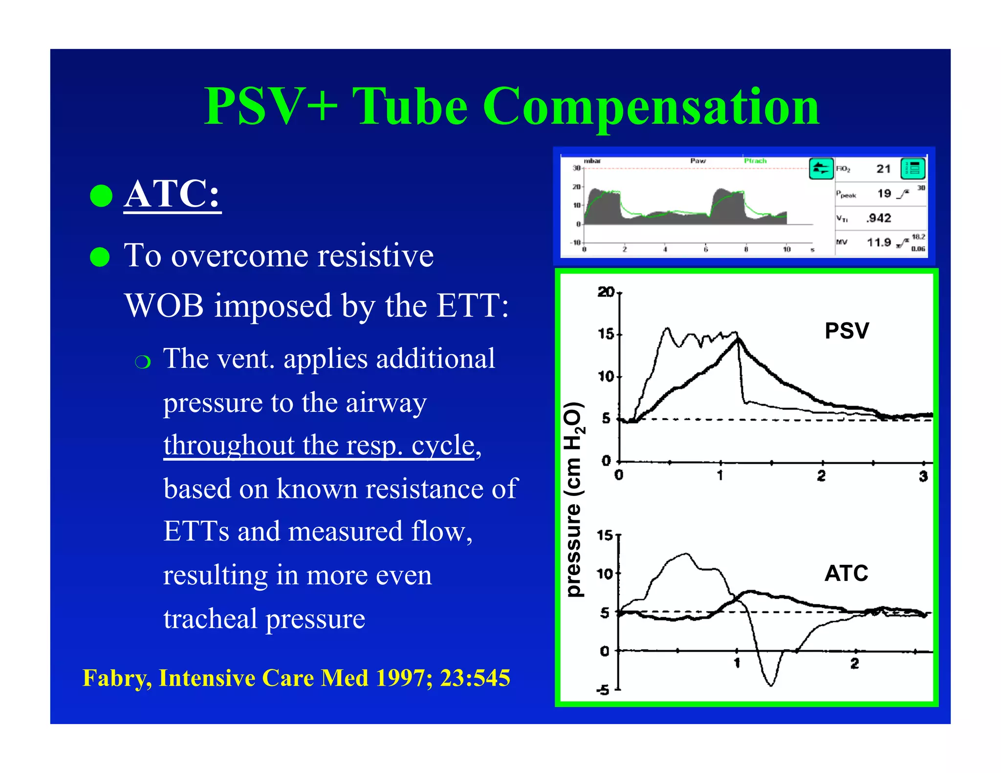 PSV+ Tube Compensation
  ATC:
    To overcome resistive
     WOB imposed by the ETT:
                                                             PSV
         The vent. applies additional
          pressure to the airway




                                         pressure (cm H2O)
          throughout the resp. cycle,
          based on known resistance of
          ETTs and measured flow,
          resulting in more even                             ATC

          tracheal pressure
Fabry, Intensive Care Med 1997; 23:545
 