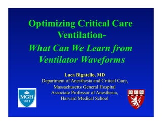 Optimizing Critical Care
      Ventilation-
What Can We Learn from
 Ventilator Waveforms
             Luca Bigatello, MD
   Department of Anesthesia and Critical Care,
        Massachusetts General Hospital
       Associate Professor of Anesthesia,
           Harvard Medical School
 