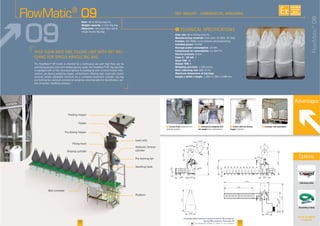 F Tension hook implanted on a
hydraulic actuator
F Commercial weighing with
net weight
F Conveyor and automation
Advantages
F Station with pre-dosing
hopper
I
Flow rate
Manufacturing materials
Finishes
Installed power
Average power consumption
Compressed air consumption
Service pressure
Input 4 - 20 mA
Input TOR
Output TOR
Weighing precision
Dust collecting rate
Maximum dimensions of big bags
Lenght x width x height
Rate:
Weight capacity:
Objectives:
Vibrating table
Grounding clamp
FlowMatic®
09
-
-
-
Shaping cylinder cylinder
FlowMatic®
09
09
22 23
Shaping cylinder c
2000
1105
6310
4030
550
600
3280 2065
500
5840
1400
2045
2460
2100
7600
11765
2650
3635
5345
7610
1715
800
See all our options
on page 28
Options
AVAILABLE
CUSTOM
MADE
Downloadable videos & plans on our website
 