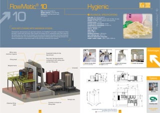 F Commercial weighing with
net weight
F Conveyor and automation
Advantages
F Station with pre-dosing
hopper
I
Flow rate
Manufacturing materials
Finishes
Installed power
Average power consumption
Compressed air consumption
Service pressure
Input 4 - 20 mA
Input TOR
Output TOR
Weighing precision
Dust collecting rate
Maximum dimensions of big bags:
Length x width x height
Rate:
Weight capacity:
Objectives: -
mal hygiene
Mat laying
Grounding clamp
FlowMatic®
10
Storage area
maximum hygiene
FlowMatic®
10
10
25
Hygienic
24
F Automatic big bag release:
3010
15652010
N250 N10
10565
14003565
5200
4020
7600
4580
1200
5820
4305
600
2000
8002400
1200
1200
450
See all our options
on page 28
Options
AVAILABLE
CUSTOM
MADE
Downloadable videos & plans on our website
 
