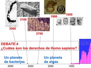 1000
3500
3100
2700
1000200030004000
Un planeta
de bacterias
Un planeta
de algas
1900
DEBATE 4
¿Cuáles son los derechos de Homo sapiens?