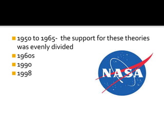 ◼1950 to 1965- the support for these theories
was evenly divided
◼1960s
◼1990
◼1998
 