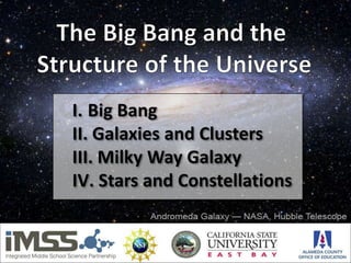 The Big Bang and the Structure of the Universe
I. Big Bang
II. Galaxies and Clusters
III. Milky Way Galaxy
IV. Stars and Constellations
 