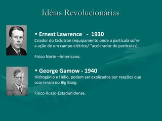 Idéias Revolucionárias Ernest Lawrence  -  1930 Criador do Cíclotron (equipamento onde a partícula sofre a ação de um campo elétrico/ “acelerador de partículas). Físico Norte –Americano. George Gamow - 1940 Hidrogênio e Hélio, podem ser explicados por reações que ocorreram no Big Bang. Físico Russo-Estadunidense. 